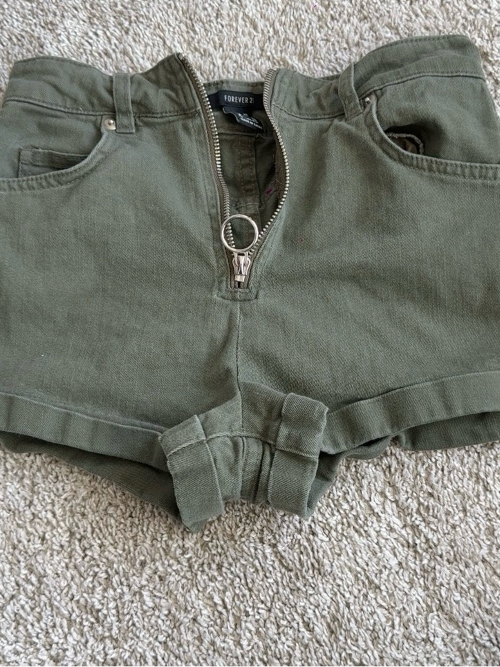Forever 21 Olive Green High-Waist Ring-Zip Shorts